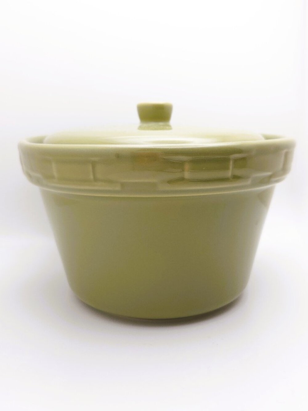 Vintage Sage Green Ceramic Casserole Dish w Lid Basket Weave Handles